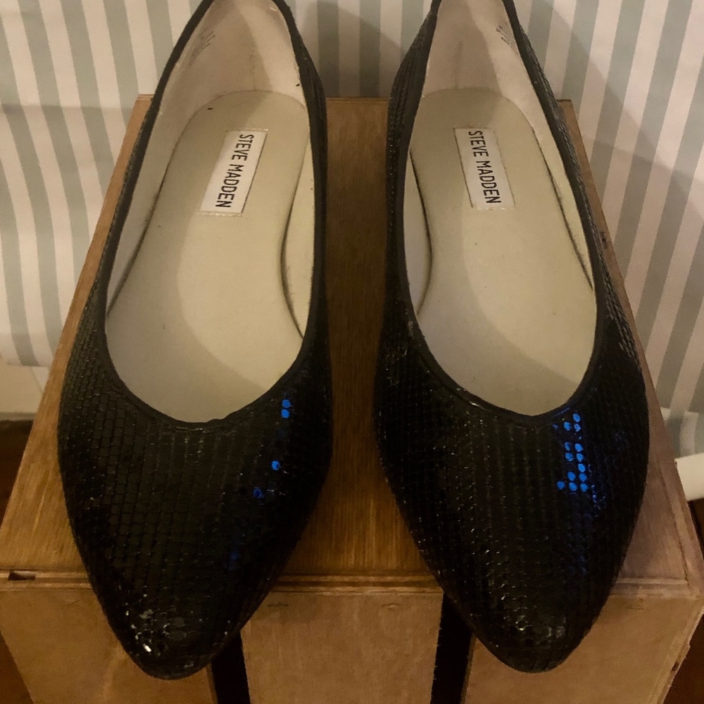 Steve Madden Black Sparkly Flats, Mesh Sequin
